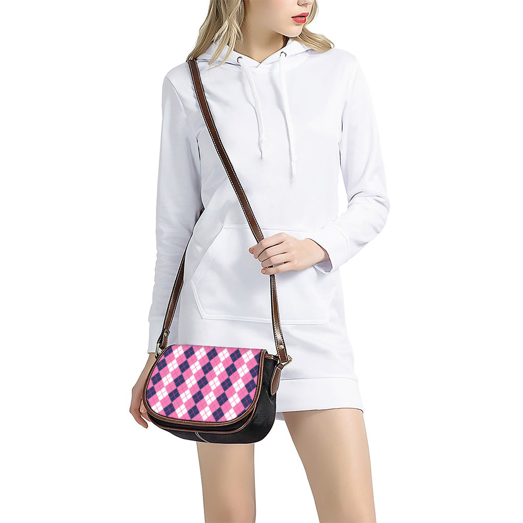 Pink White And Blue Argyle Pattern Print Saddle Bag