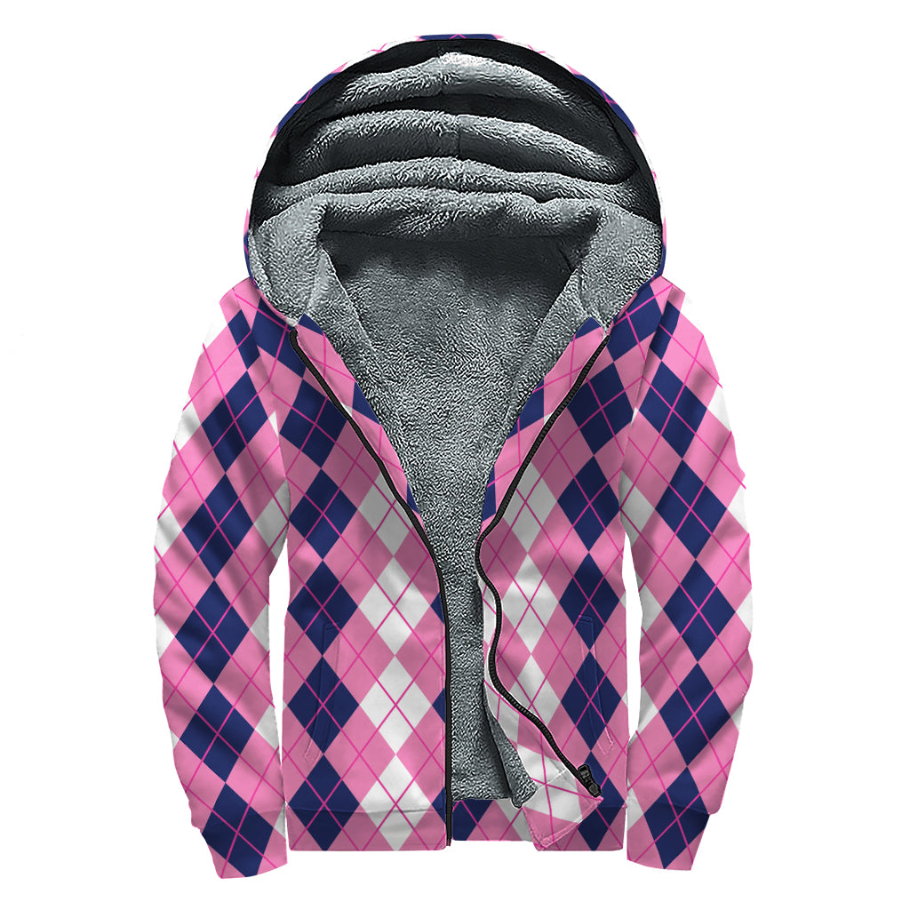 Pink White And Blue Argyle Pattern Print Sherpa Lined Zip Up Hoodie