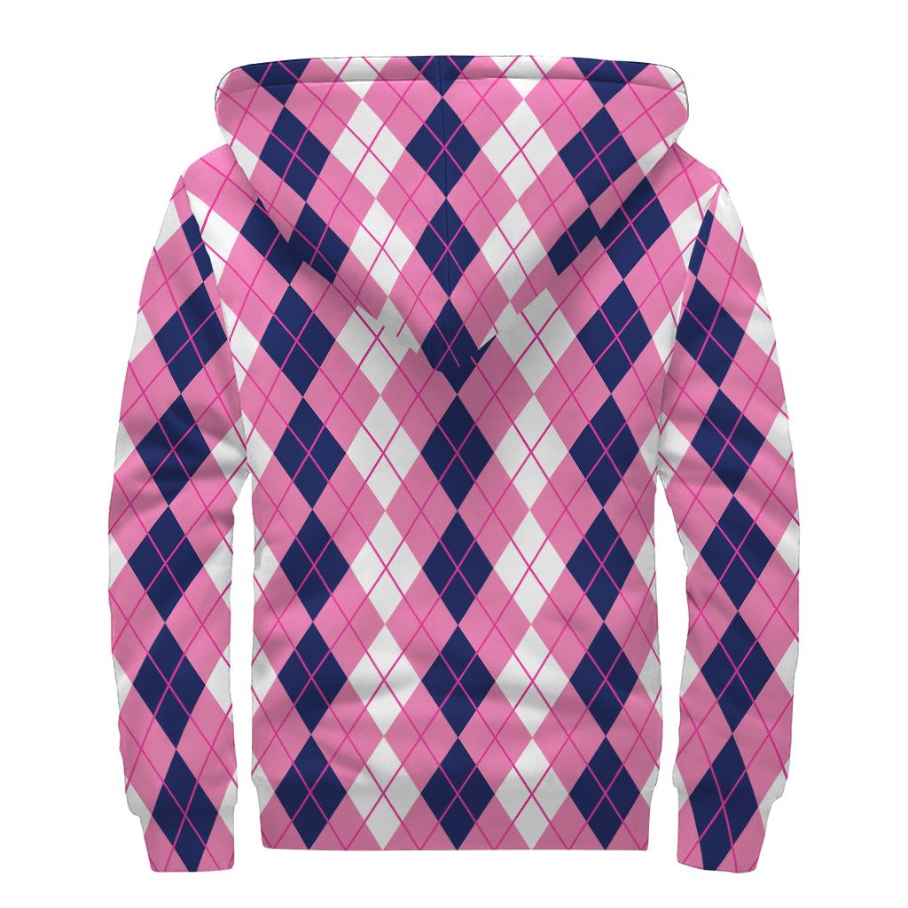 Pink White And Blue Argyle Pattern Print Sherpa Lined Zip Up Hoodie