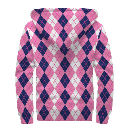Pink White And Blue Argyle Pattern Print Sherpa Lined Zip Up Hoodie