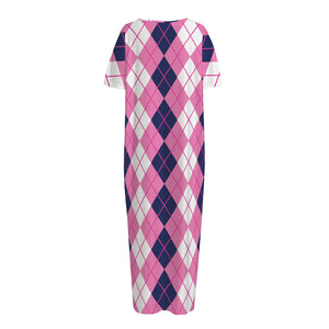 Pink White And Blue Argyle Pattern Print Short Sleeve Long Nightdress