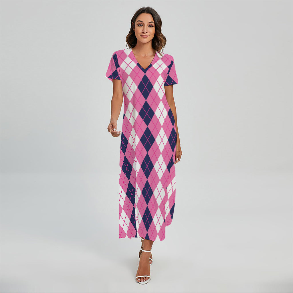 Pink White And Blue Argyle Pattern Print Short Sleeve Maxi Dress