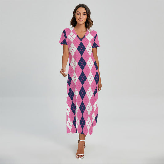 Pink White And Blue Argyle Pattern Print Short Sleeve Maxi Dress