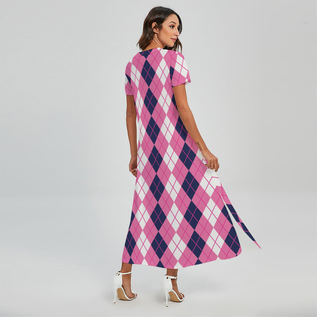 Pink White And Blue Argyle Pattern Print Short Sleeve Maxi Dress