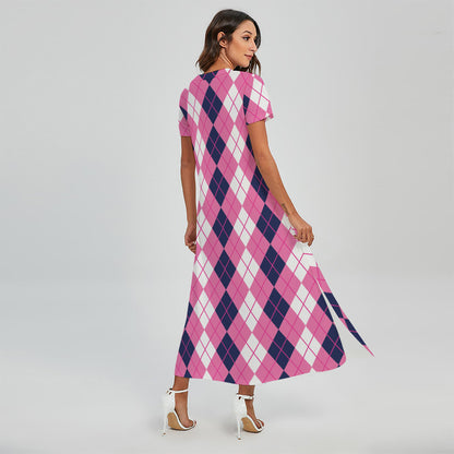 Pink White And Blue Argyle Pattern Print Short Sleeve Maxi Dress