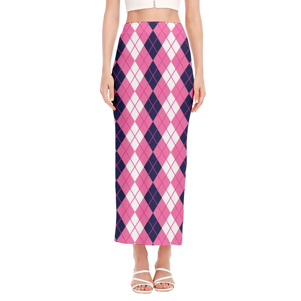 Pink White And Blue Argyle Pattern Print Side Slit Maxi Skirt