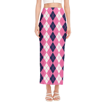Pink White And Blue Argyle Pattern Print Side Slit Maxi Skirt