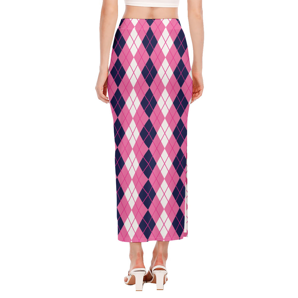 Pink White And Blue Argyle Pattern Print Side Slit Maxi Skirt