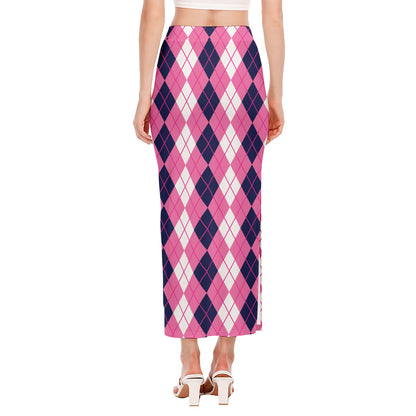 Pink White And Blue Argyle Pattern Print Side Slit Maxi Skirt