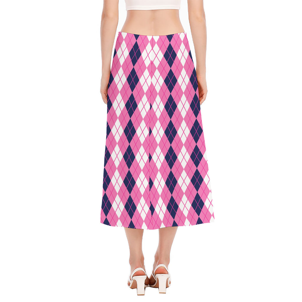 Pink White And Blue Argyle Pattern Print Side Slit Midi Skirt