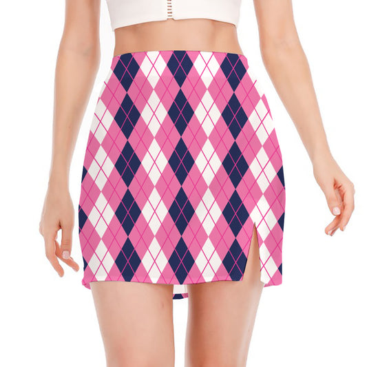 Pink White And Blue Argyle Pattern Print Side Slit Mini Skirt