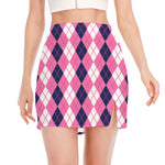 Pink White And Blue Argyle Pattern Print Side Slit Mini Skirt