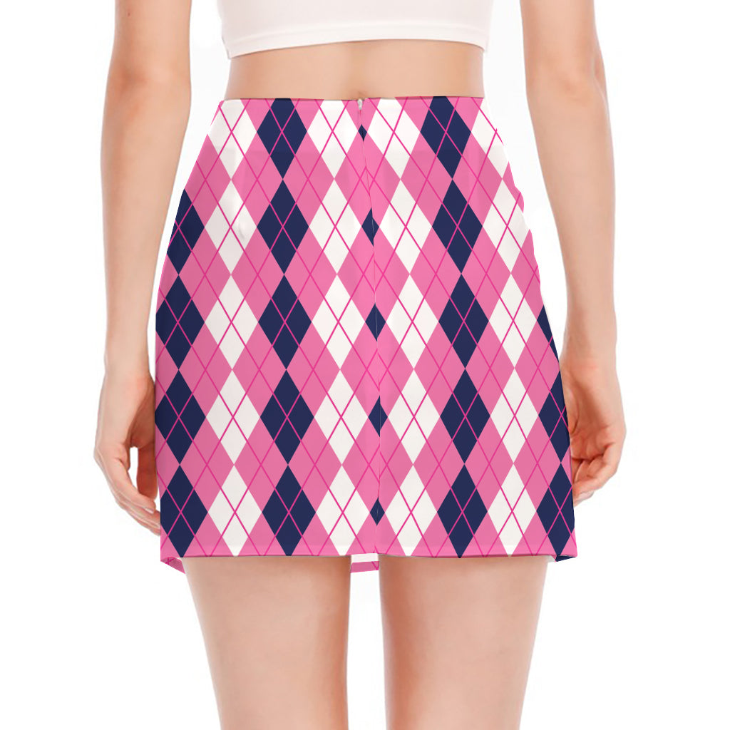 Pink White And Blue Argyle Pattern Print Side Slit Mini Skirt