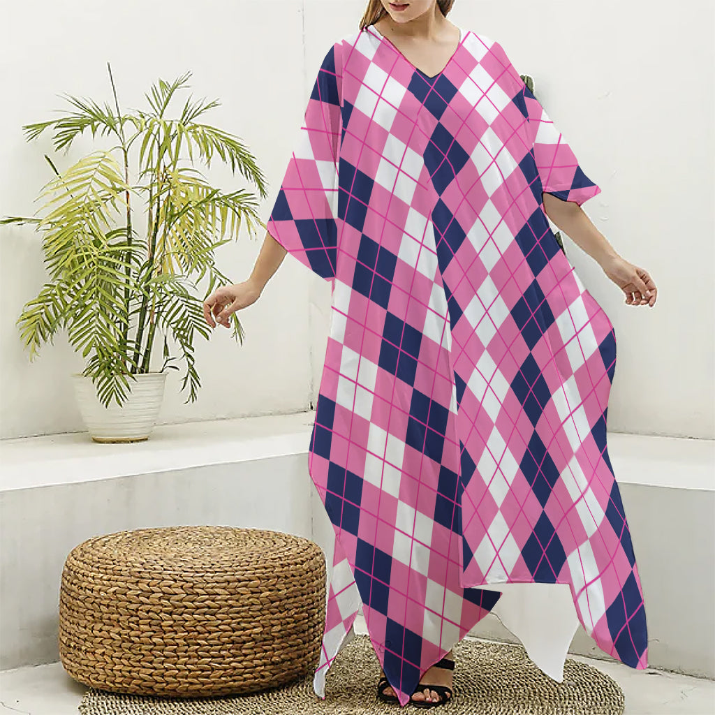 Pink White And Blue Argyle Pattern Print Silk V-Neck Kaftan Dress