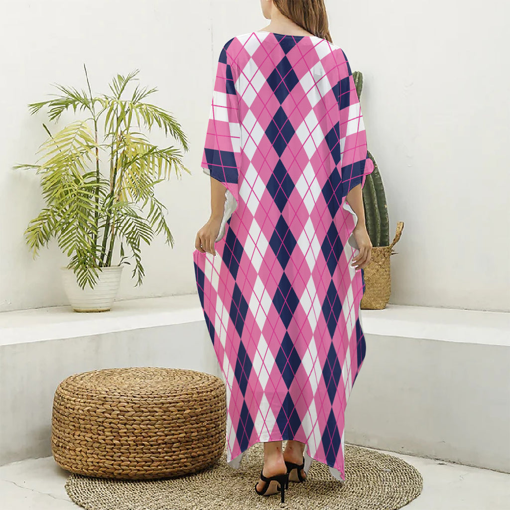 Pink White And Blue Argyle Pattern Print Silk V-Neck Kaftan Dress