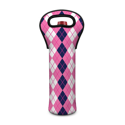 Pink White And Blue Argyle Pattern Print Single Neoprene Wine Tote