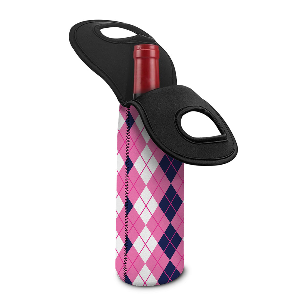 Pink White And Blue Argyle Pattern Print Single Neoprene Wine Tote
