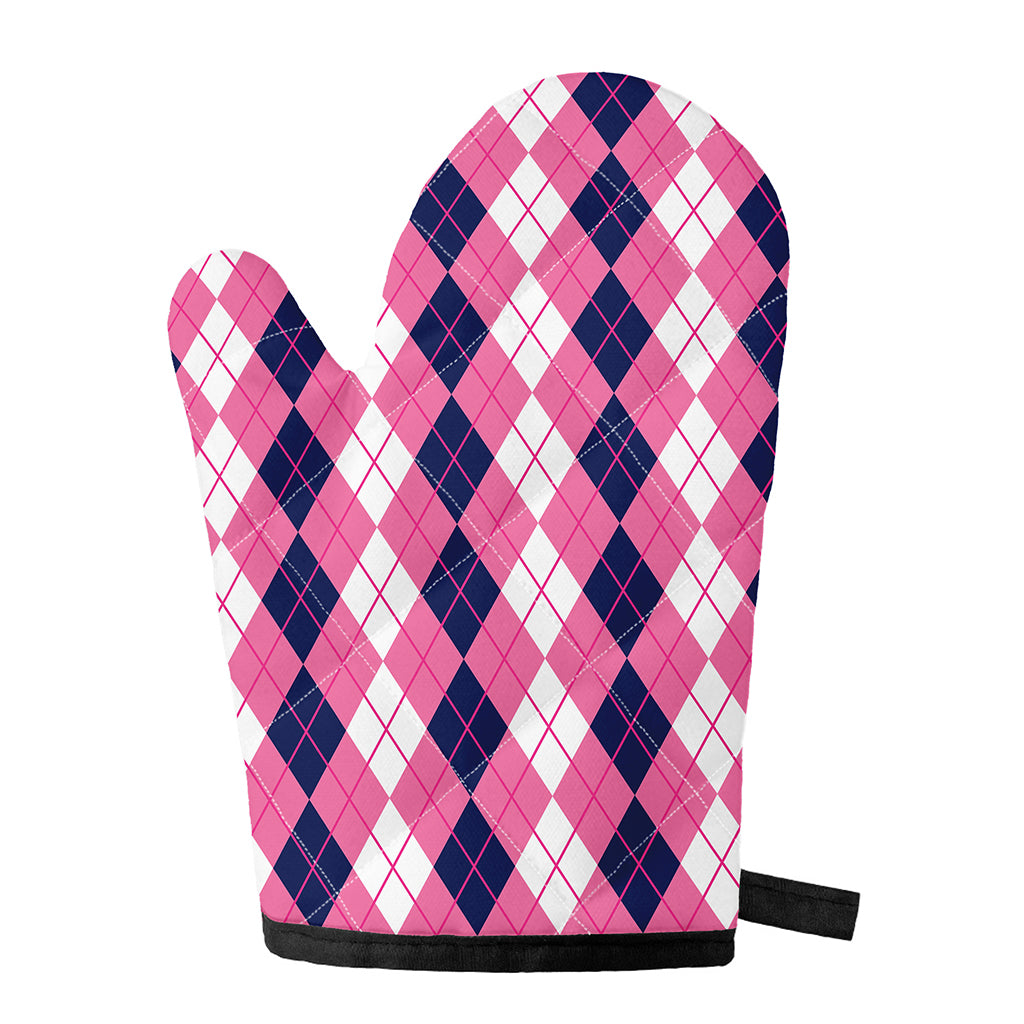 Pink White And Blue Argyle Pattern Print Single Oven Mitt