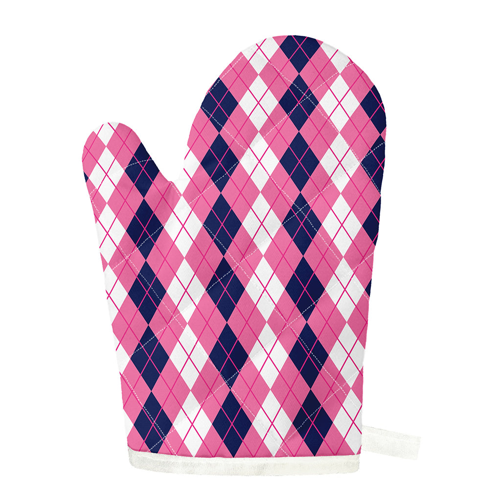 Pink White And Blue Argyle Pattern Print Single Oven Mitt