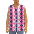 Pink White And Blue Argyle Pattern Print Sleeveless Baseball Jersey