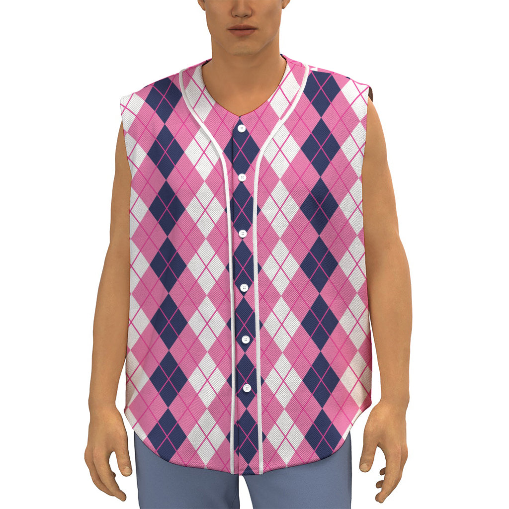 Pink White And Blue Argyle Pattern Print Sleeveless Baseball Jersey