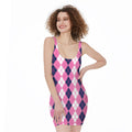 Pink White And Blue Argyle Pattern Print Sleeveless Bodycon Dress