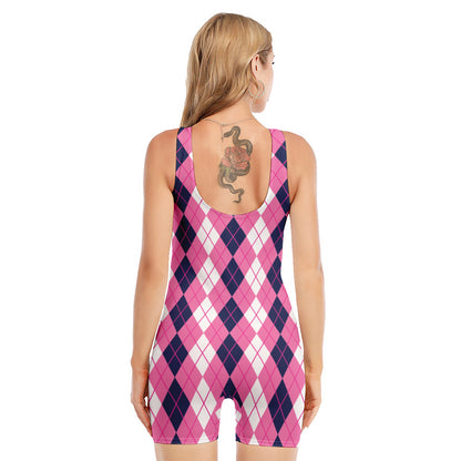 Pink White And Blue Argyle Pattern Print Sleeveless One Piece Swimsuit
