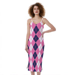 Pink White And Blue Argyle Pattern Print Slim Fit Midi Cami Dress