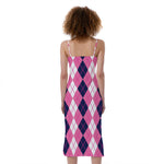 Pink White And Blue Argyle Pattern Print Slim Fit Midi Cami Dress