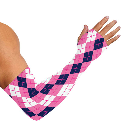 Pink White And Blue Argyle Pattern Print Sun Protection Arm Sleeves