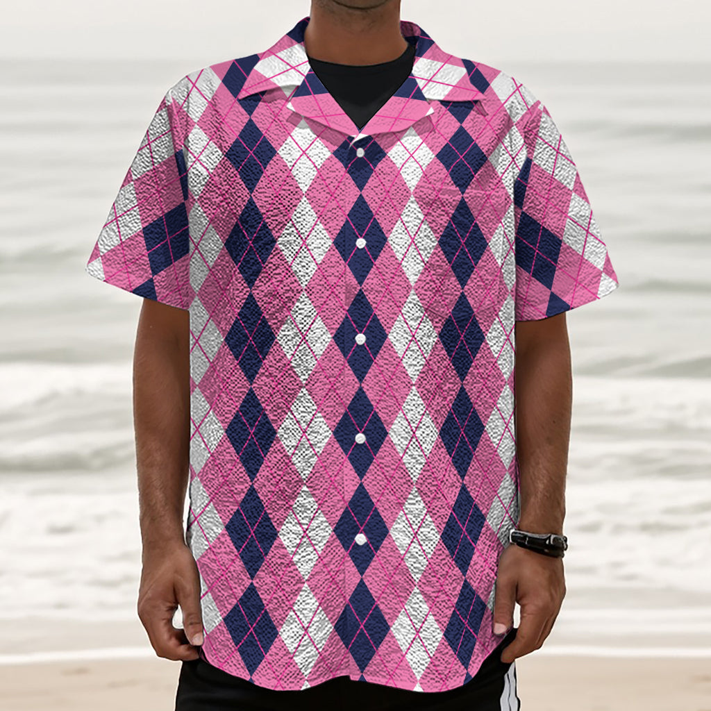 Pink White And Blue Argyle Pattern Print Textured Short Sleeve Shirt