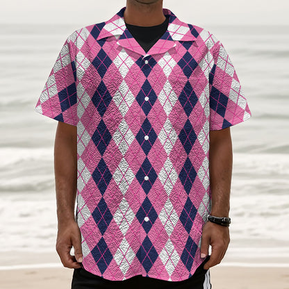 Pink White And Blue Argyle Pattern Print Textured Short Sleeve Shirt