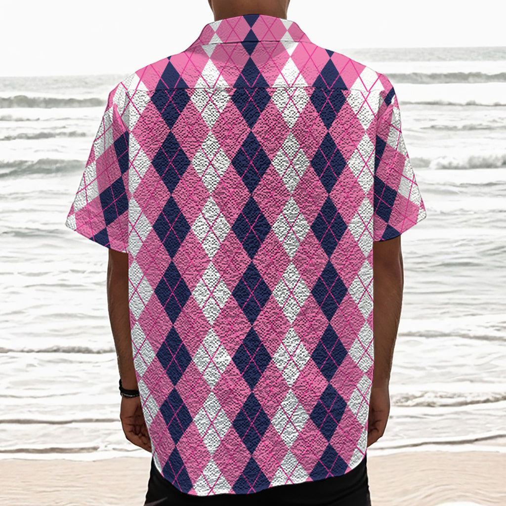 Pink White And Blue Argyle Pattern Print Textured Short Sleeve Shirt