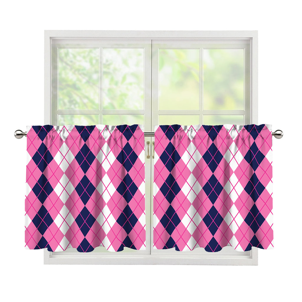 Pink White And Blue Argyle Pattern Print Tier Curtains