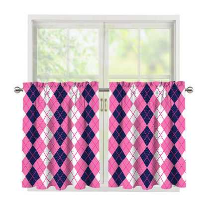 Pink White And Blue Argyle Pattern Print Tier Curtains