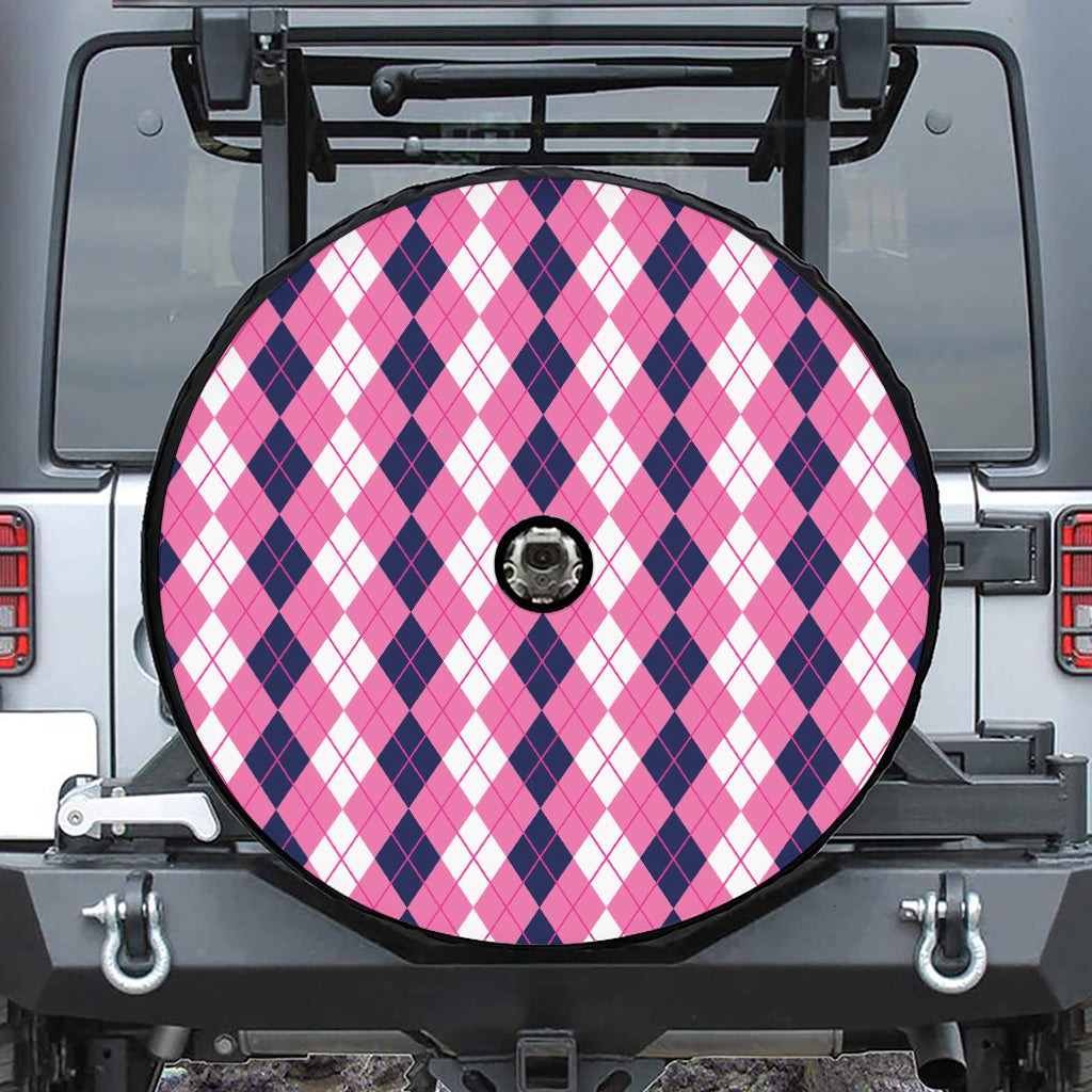 Pink White And Blue Argyle Pattern Print Tire Cover With Camera Hole
