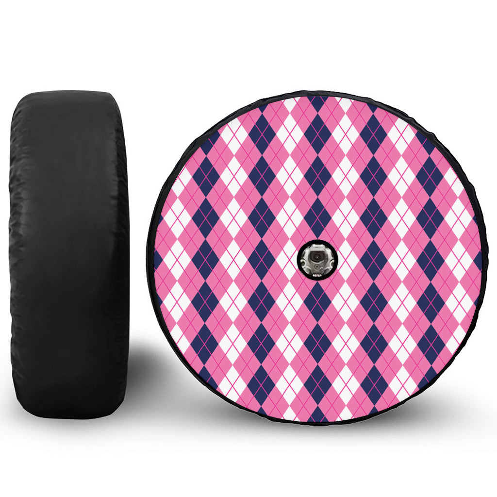Pink White And Blue Argyle Pattern Print Tire Cover With Camera Hole