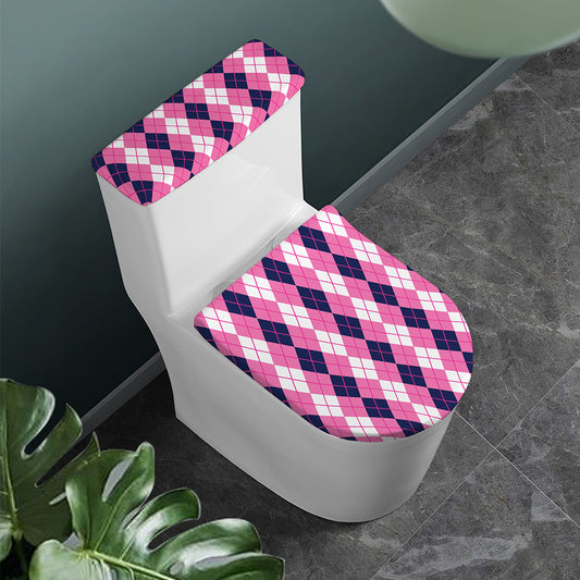 Pink White And Blue Argyle Pattern Print Toilet Lid And Tank Cover Set
