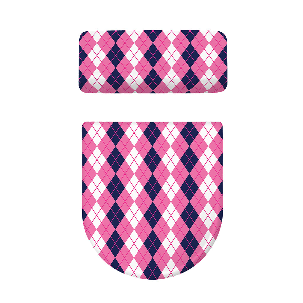 Pink White And Blue Argyle Pattern Print Toilet Lid And Tank Cover Set