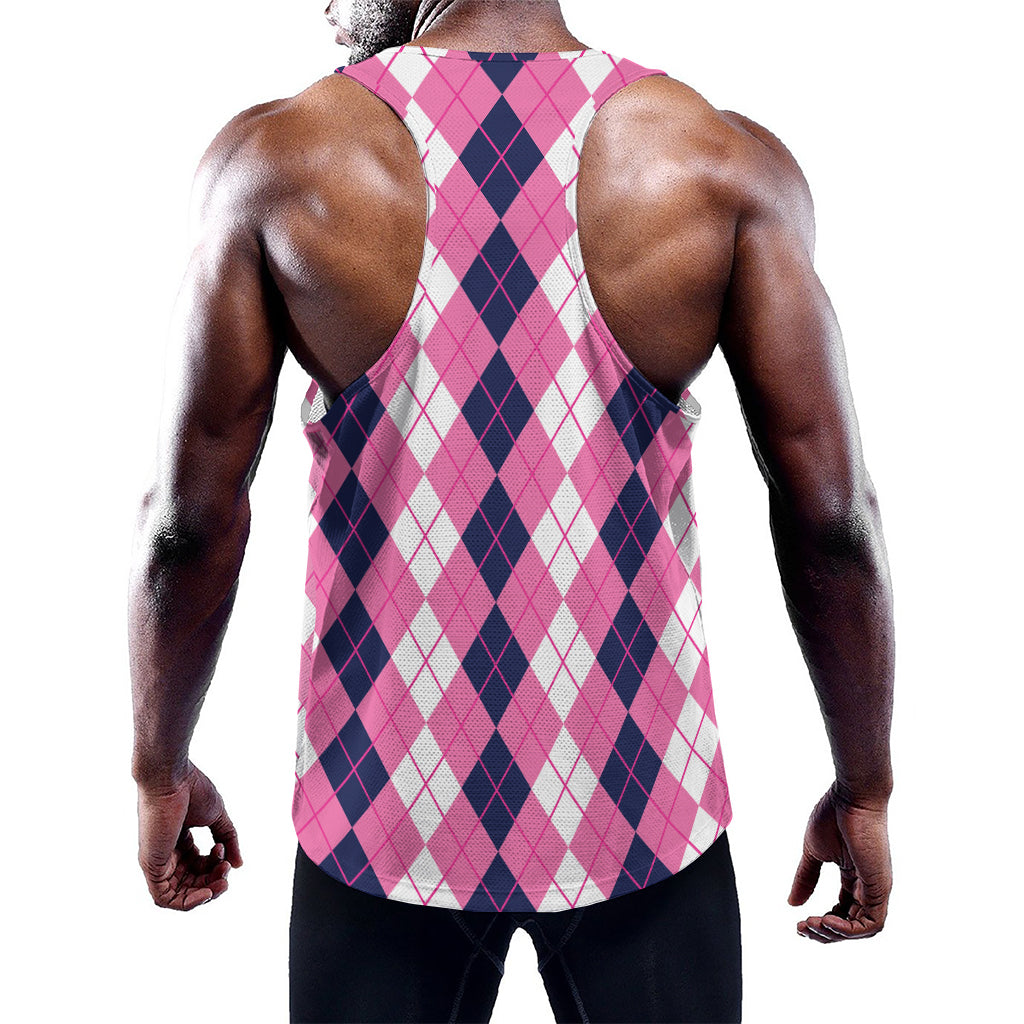 Pink White And Blue Argyle Pattern Print Training Tank Top