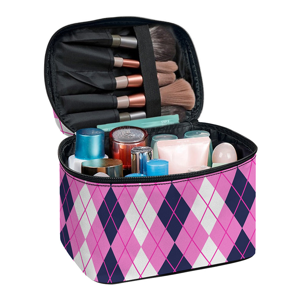Pink White And Blue Argyle Pattern Print Travel Makeup Bag