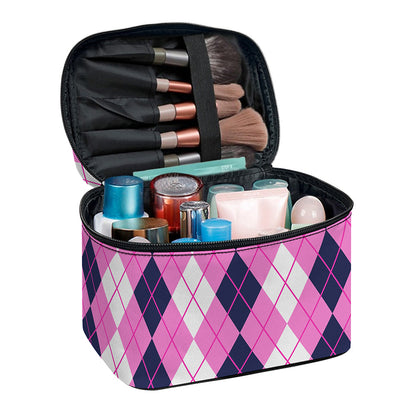 Pink White And Blue Argyle Pattern Print Travel Makeup Bag