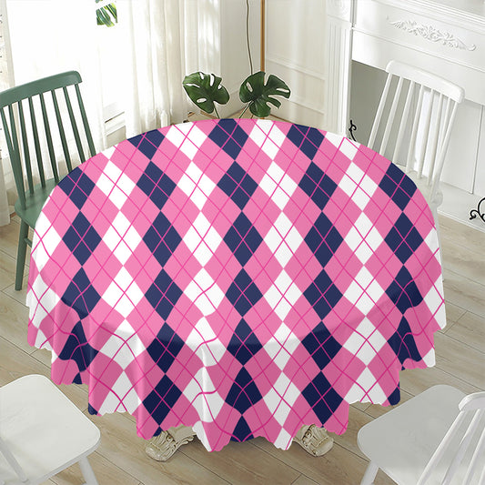 Pink White And Blue Argyle Pattern Print Waterproof Round Tablecloth
