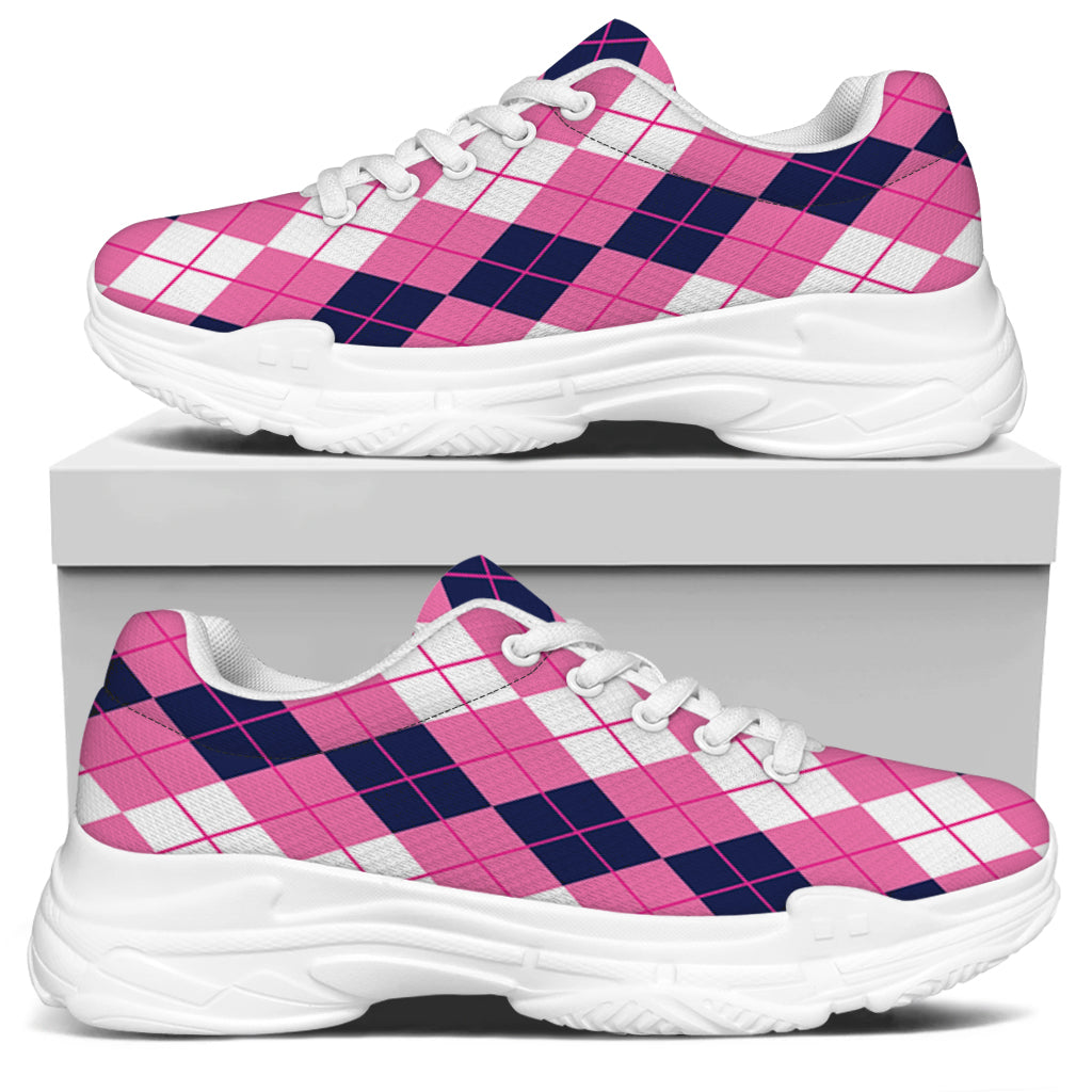 Pink White And Blue Argyle Pattern Print White Chunky Shoes