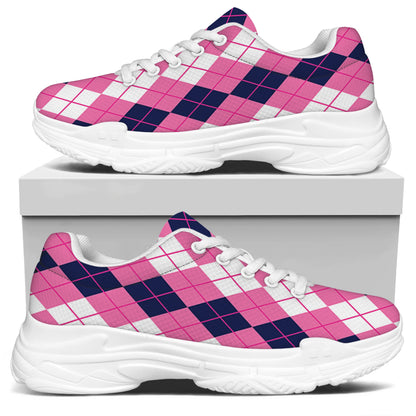 Pink White And Blue Argyle Pattern Print White Chunky Shoes