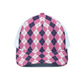 Pink White And Blue Argyle Pattern Print White Mesh Trucker Hat
