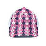 Pink White And Blue Argyle Pattern Print White Mesh Trucker Cap