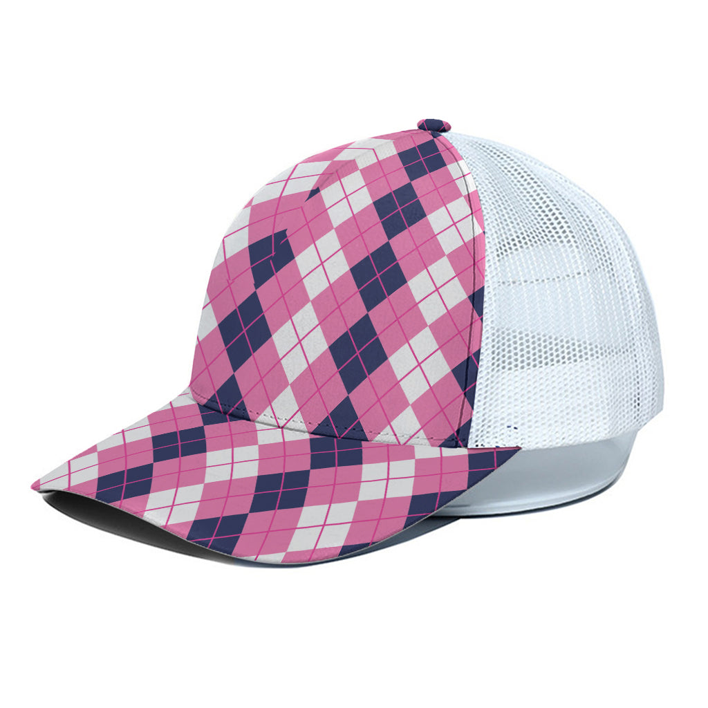 Pink White And Blue Argyle Pattern Print White Mesh Trucker Cap