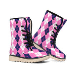 Pink White And Blue Argyle Pattern Print Winter Boots