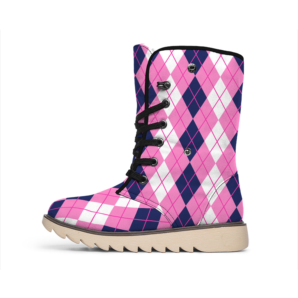 Pink White And Blue Argyle Pattern Print Winter Boots